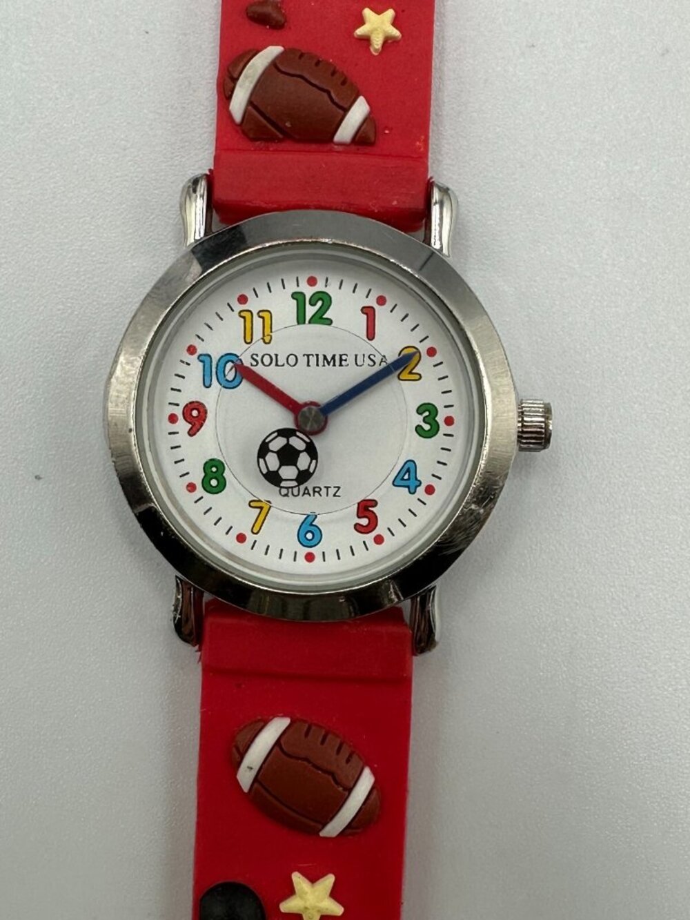 Sports Theme Boys Watch Silver Tone Red Buckle Band New Battery 14.5"